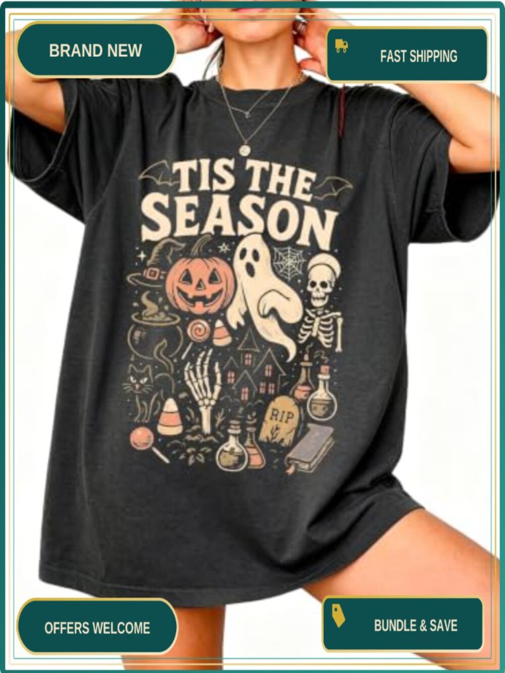 Women's Oversized Halloween Graphic Tee Spooky Season Casual Short Sleeve Top